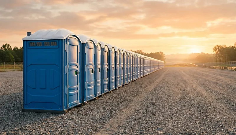 An ADA-accessible unit positioned on a flat, firm surface beside standard units, meeting ADA porta potty requirements Arizona on an active commercial build.