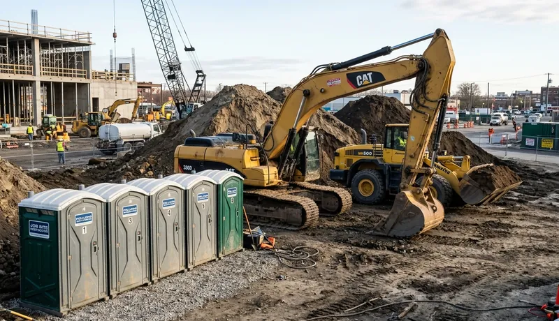 A row of standard portable toilets and a hand washing station placed safely at an active framing site, illustrating OSHA porta potty requirements construction Arizona.