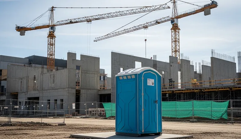Standard portable toilet safely leveled at a residential Mesa construction site in Arizona, AZ.