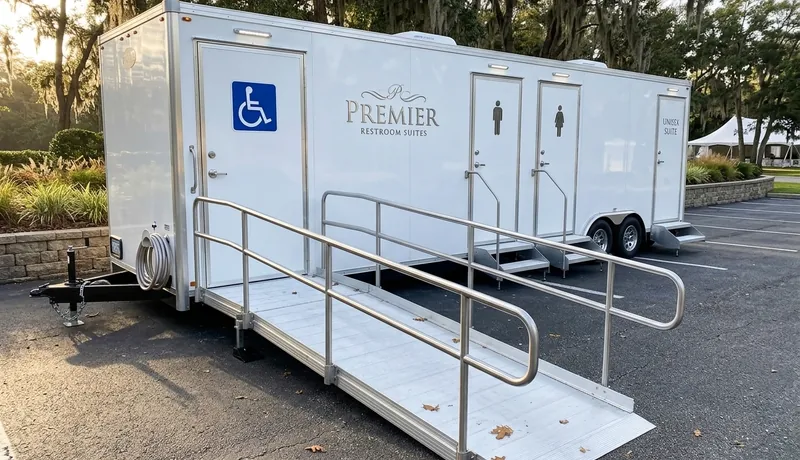 ADA-compliant porta potty positioned securely near the entrance of a Tempe event in Arizona, AZ.
